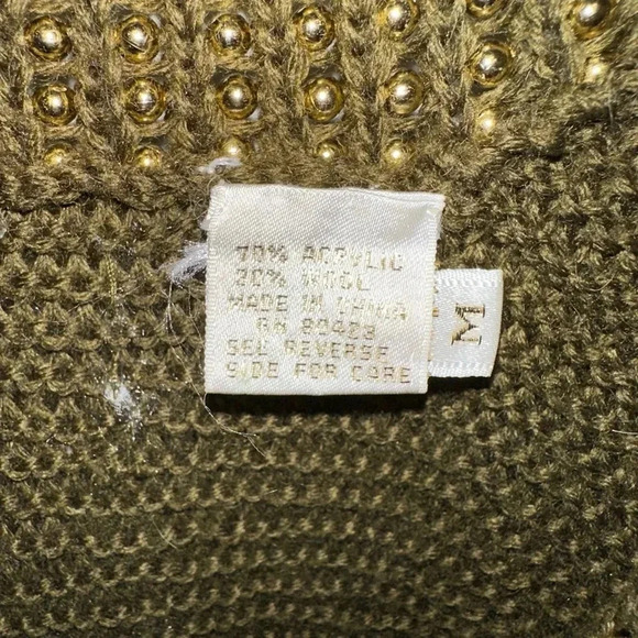 Women's Missing Tag Cardigan M Olive Green Gold Beaded Wool - Picture 7 of 16